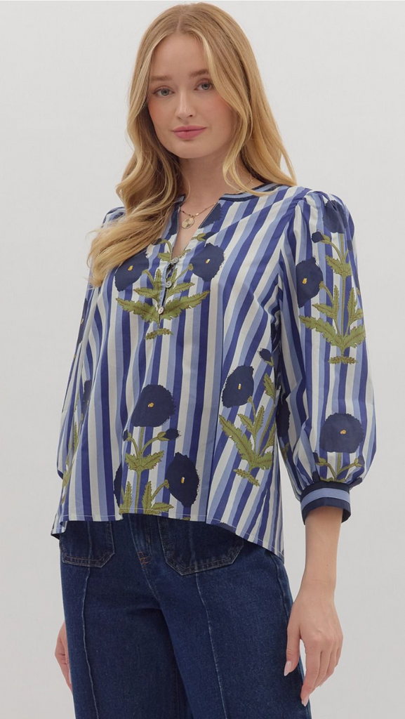 STRIPE FLORAL PRINT TOP - NAVY