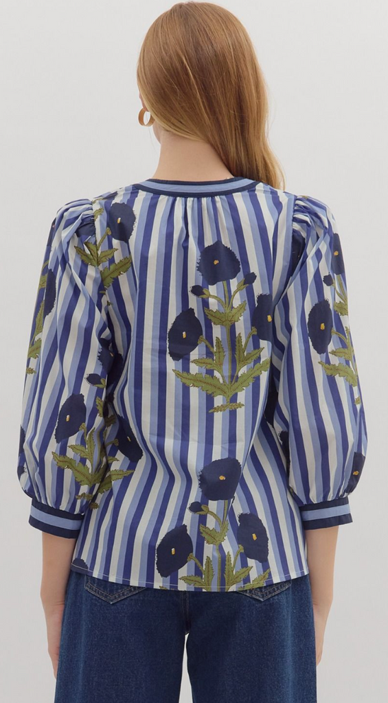 STRIPE FLORAL PRINT TOP - NAVY