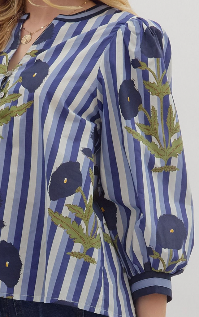 STRIPE FLORAL PRINT TOP - NAVY