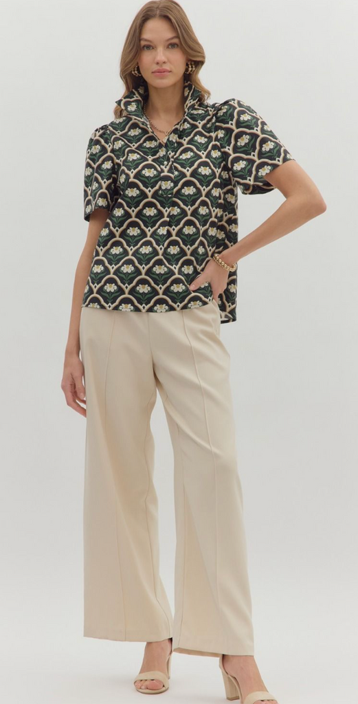 FLORAL PATTERN PUFF SLEEVE TOP - BLACK
