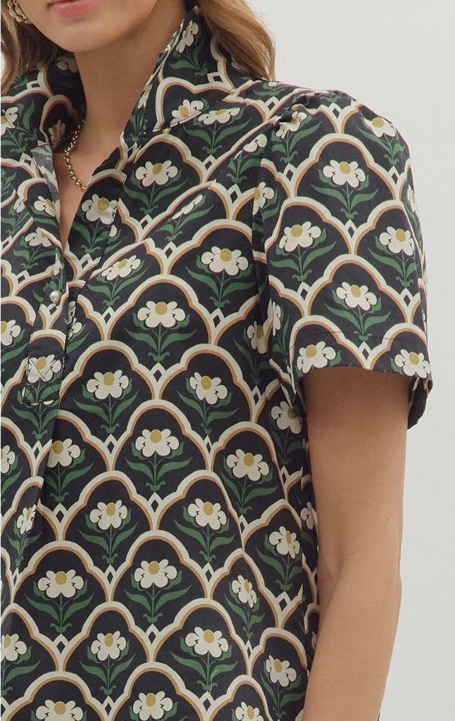 FLORAL PATTERN PUFF SLEEVE TOP - BLACK