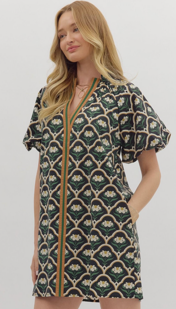 BOTANICAL PRINT MINI DRESS - BLACK