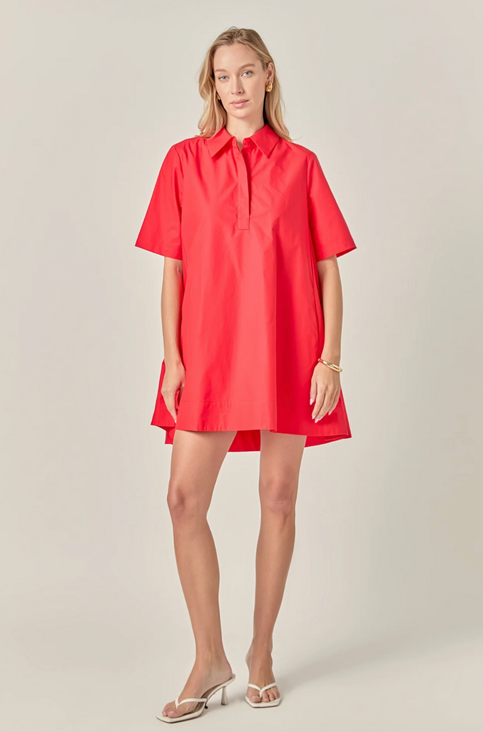 COTTON A-LINE SHIRT DRESS - RED
