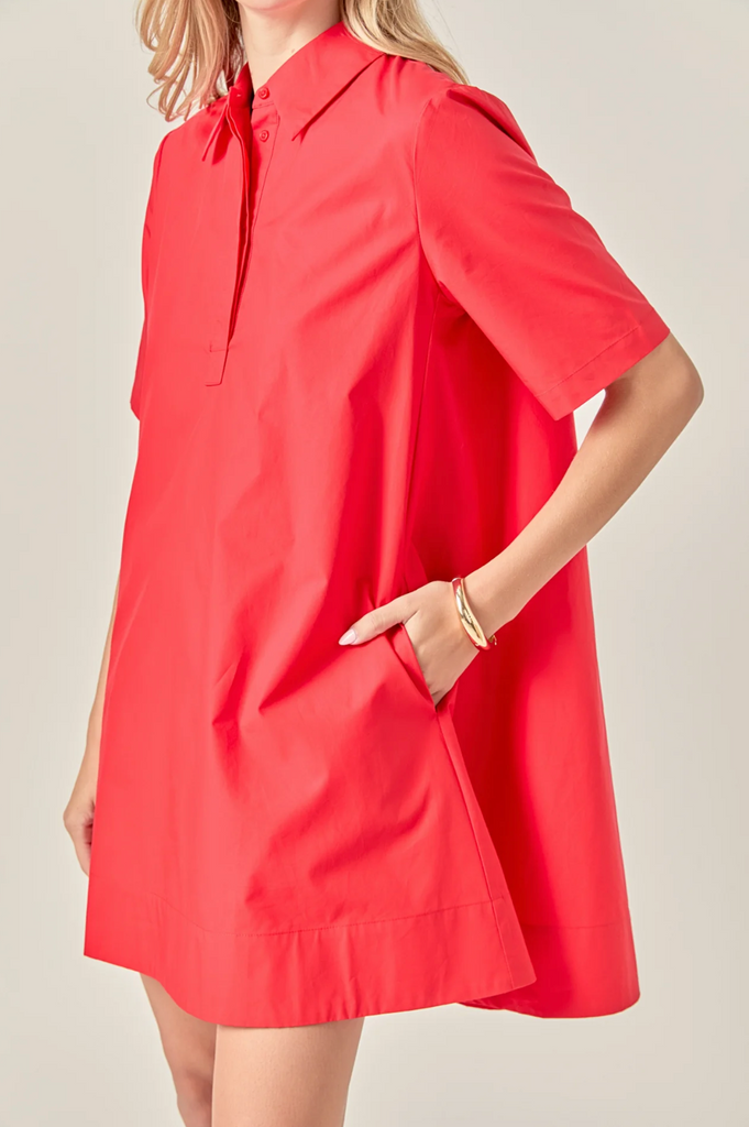 COTTON A-LINE SHIRT DRESS - RED