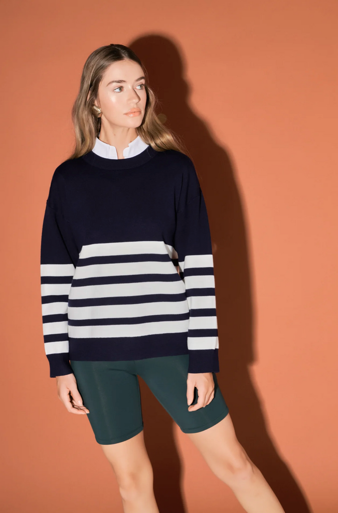 STRIPE CREW NECK SWEATER - NAVY/WHITE