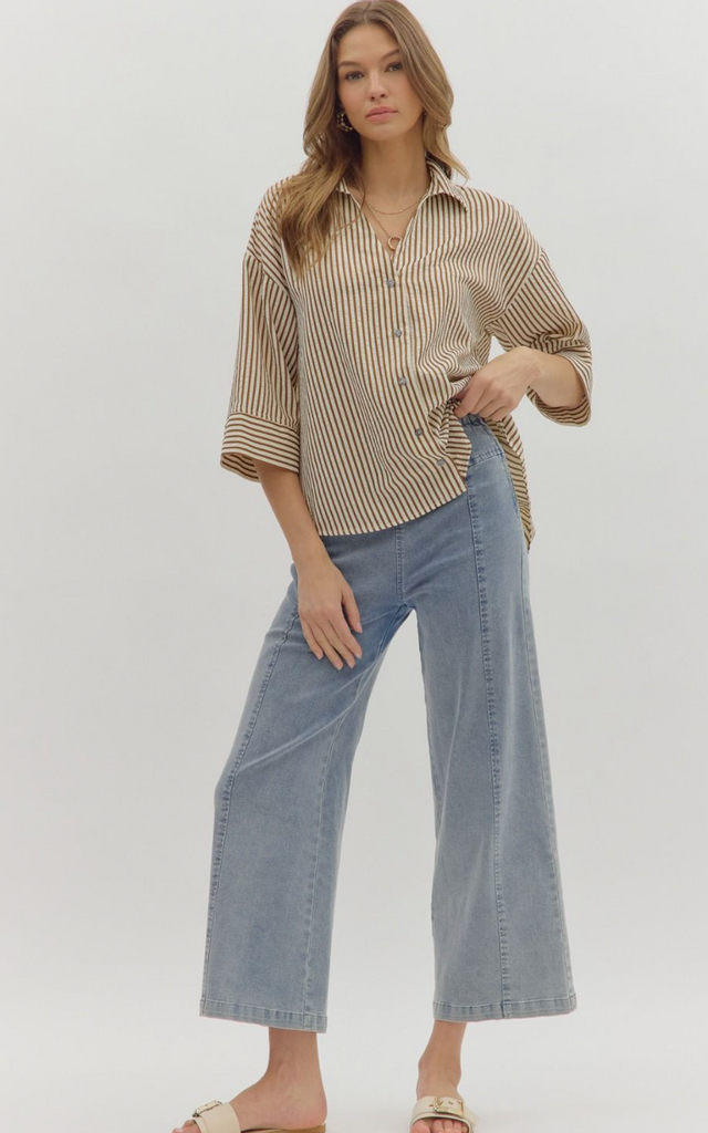 3/4 SLEEVE STRIPE BUTTON FRONT TOP - BROWN