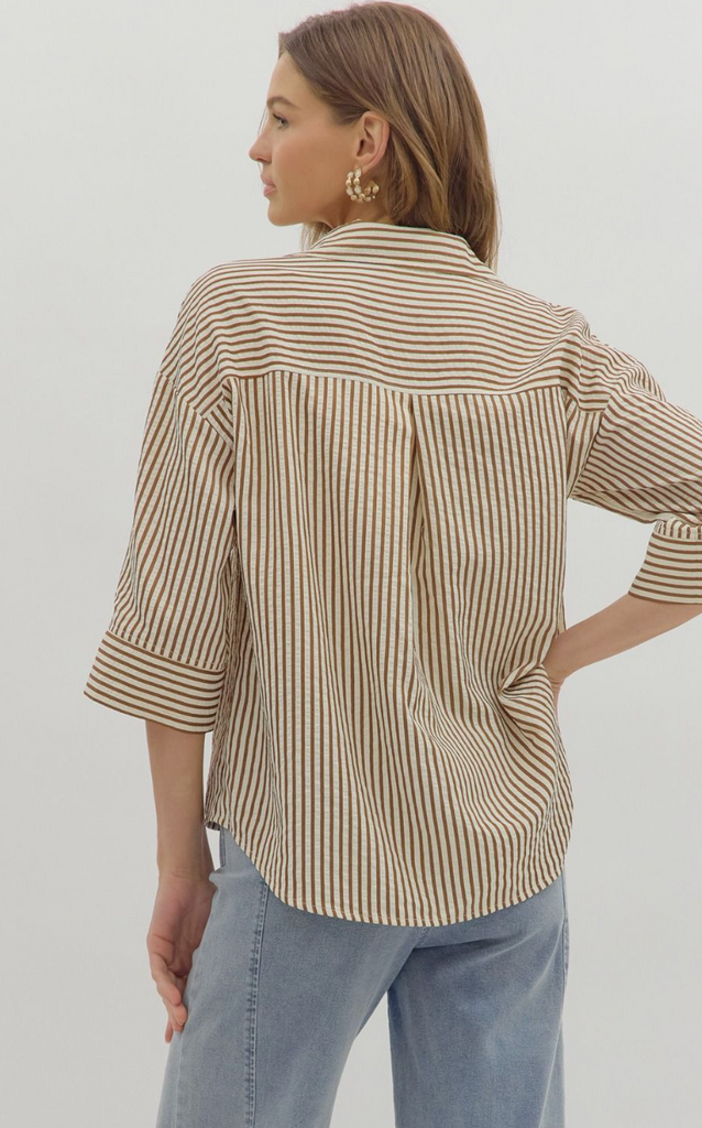 3/4 SLEEVE STRIPE BUTTON FRONT TOP - BROWN