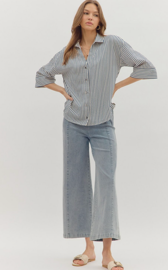 3/4 SLEEVE STRIPE BUTTON FRONT TOP - INDIGO