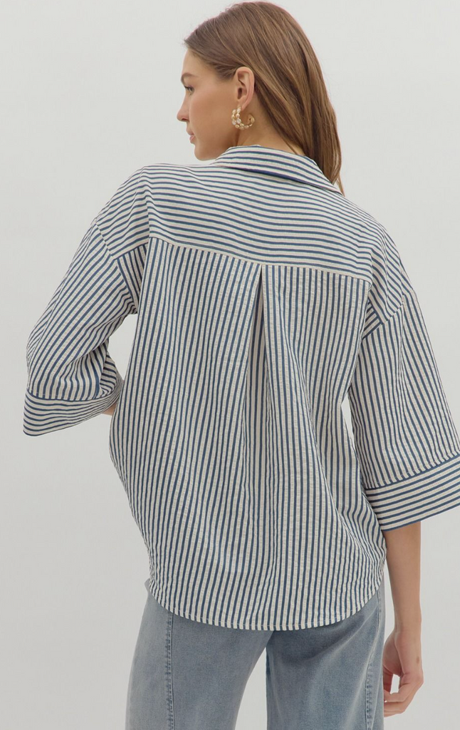 3/4 SLEEVE STRIPE BUTTON FRONT TOP - INDIGO