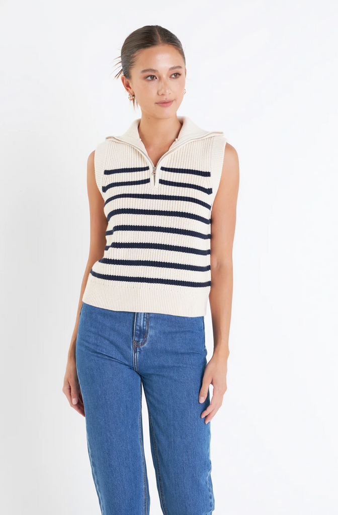 STRIPE HALF ZIP SLEEVELESS KNIT TOP - CREAM/NAVY