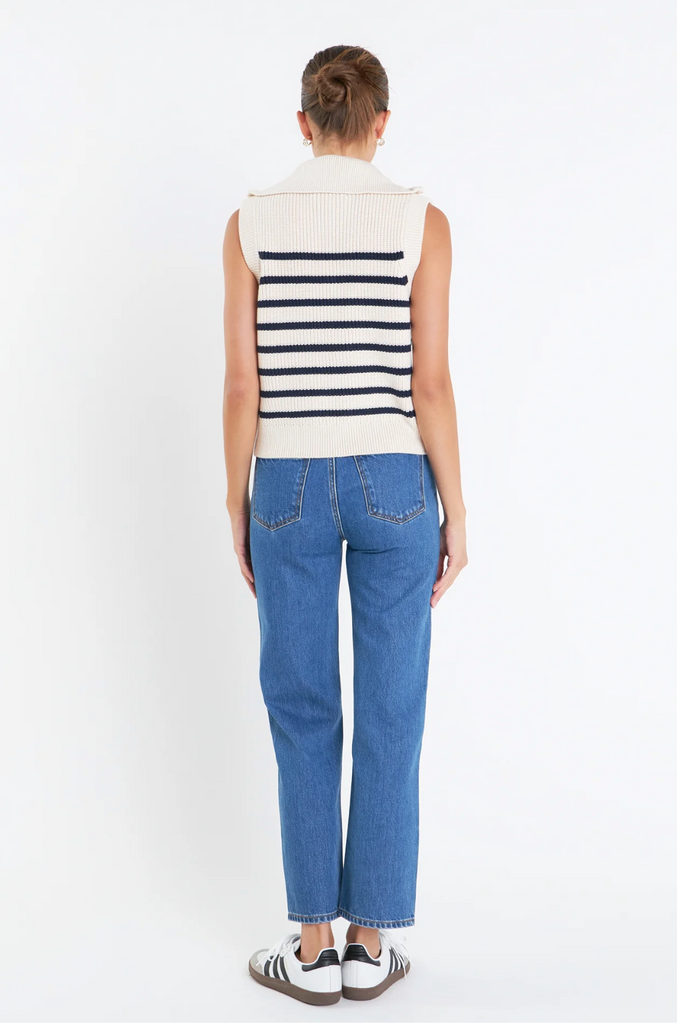 STRIPE HALF ZIP SLEEVELESS KNIT TOP - CREAM/NAVY