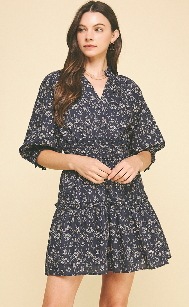 FLORAL BALLOON SLEEVE MINI DRESS - NAVY