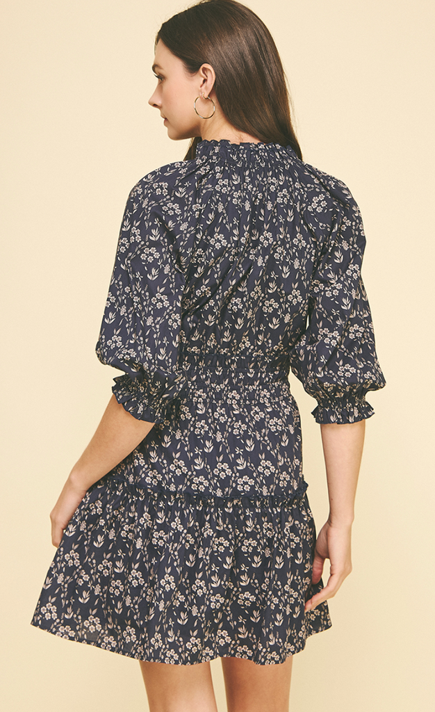 FLORAL BALLOON SLEEVE MINI DRESS - NAVY