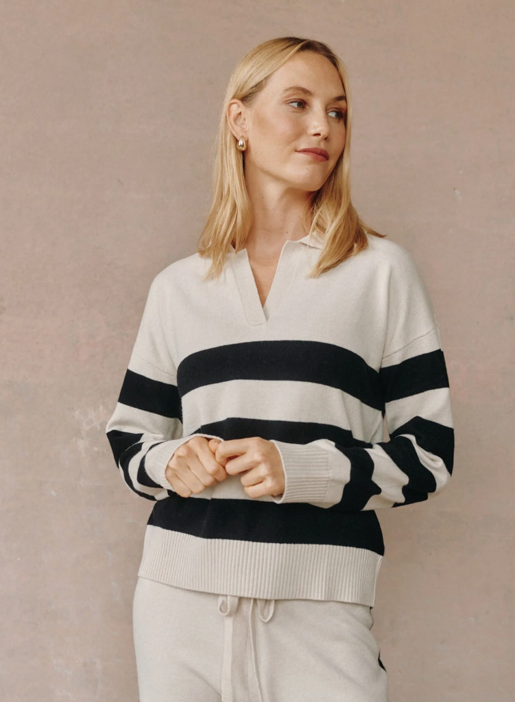 BELLA DAHL STRIPE PLACKET PULLOVER SWEATER