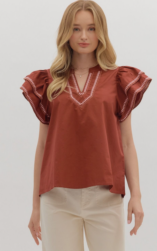 FLUTTER SLEEVE TOP - BRICK