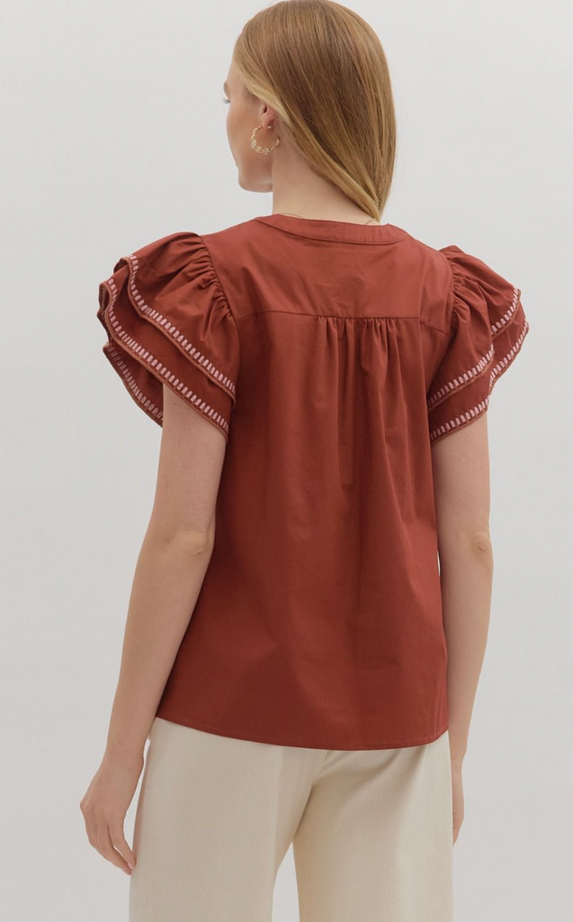 FLUTTER SLEEVE TOP - BRICK