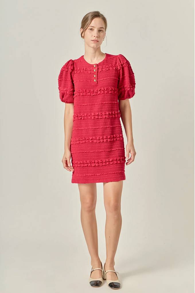 SMOCKED MINI DRESS - BURGUNDY