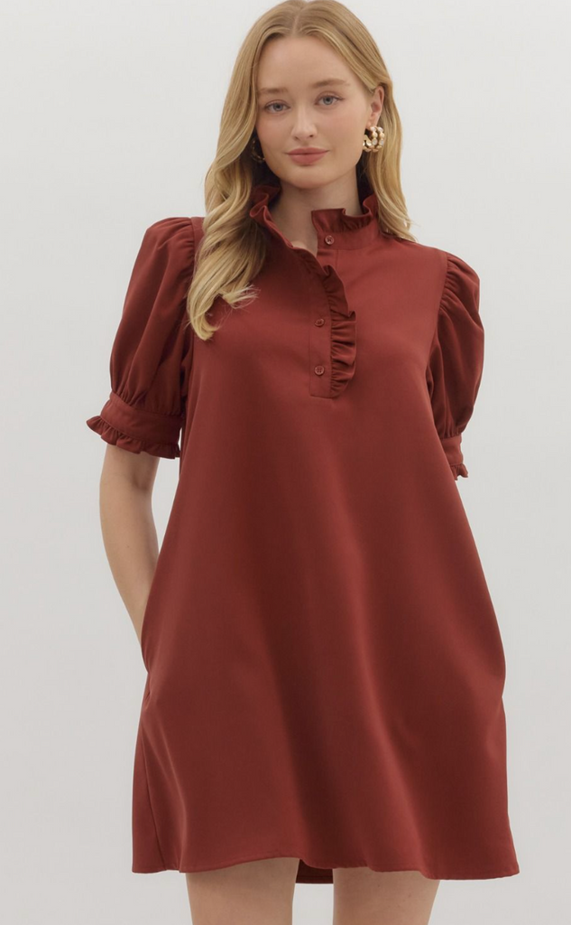 PUFF SLEEVE SOLID MINI DRESS - BRICK