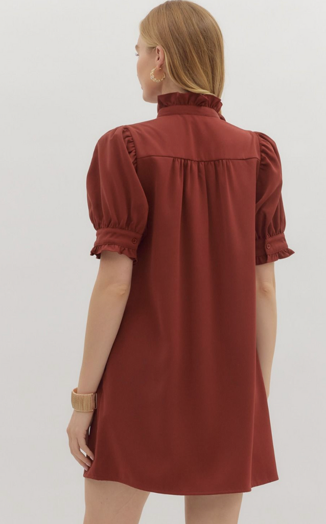 PUFF SLEEVE SOLID MINI DRESS - BRICK