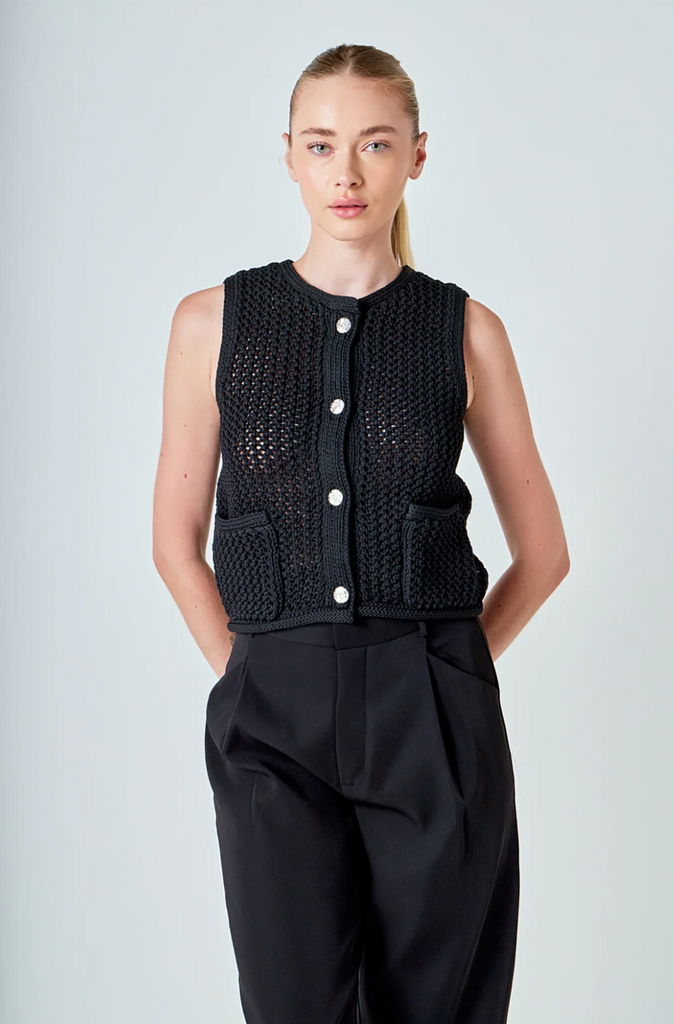 RHINESTONE BUTTON SWEATER VEST - BLACK