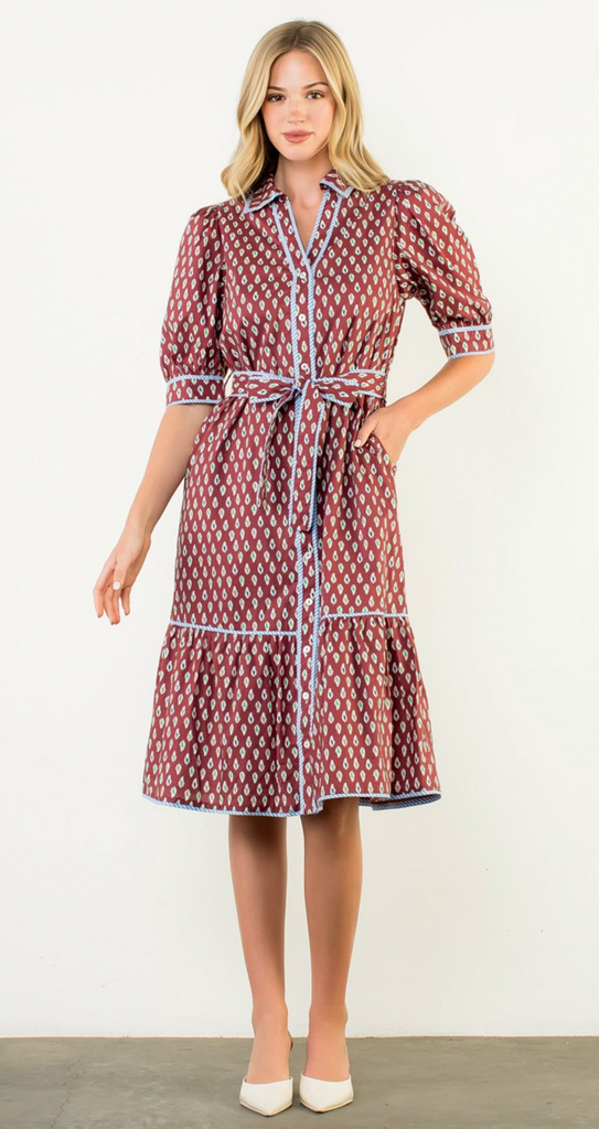 BUTTON FRONT DRESS WITH BELT - BURGUNDY