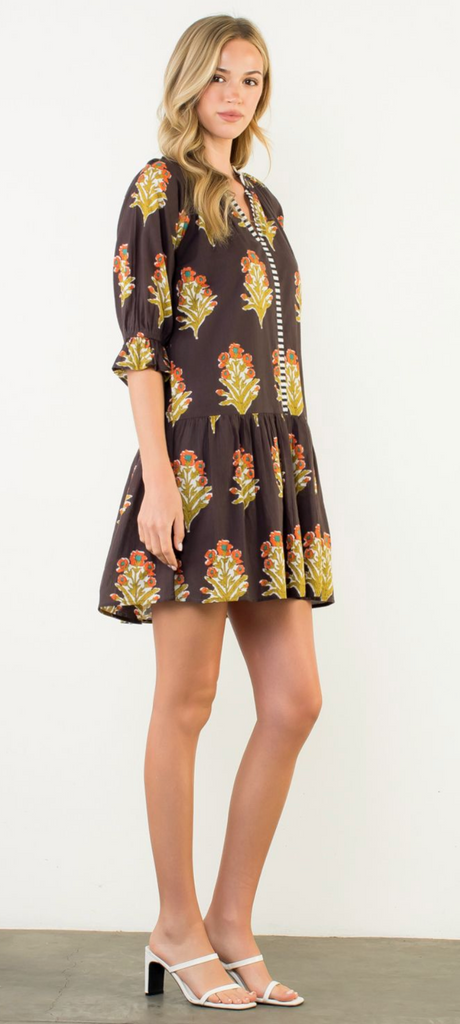FLORAL V-NECK DRESS - BROWN