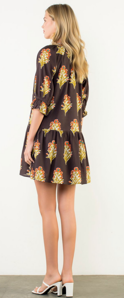 FLORAL V-NECK DRESS - BROWN