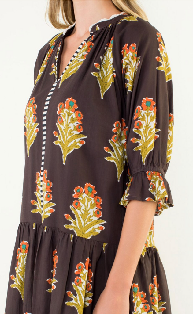 FLORAL V-NECK DRESS - BROWN