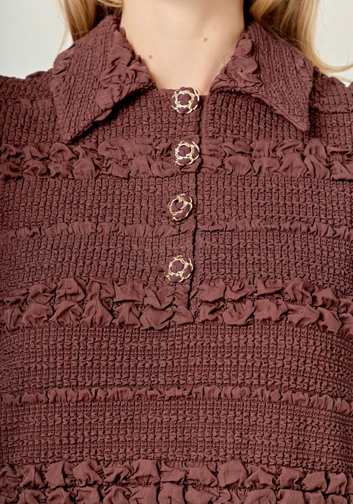 NANCY TEXTURED MINI DRESS - CHOCOLATE BROWN