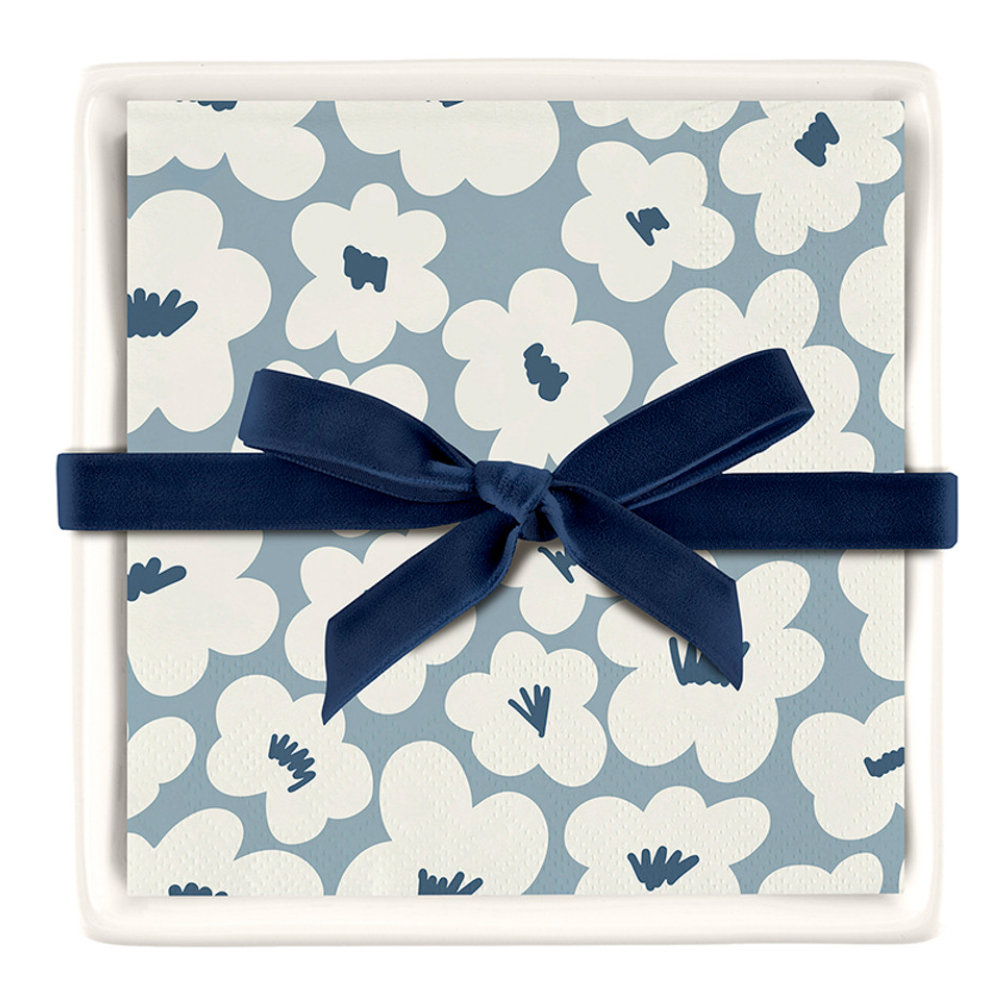 CERAMIC NAPKIN TRAY WITH NAPKINS - WHITE FLOWER