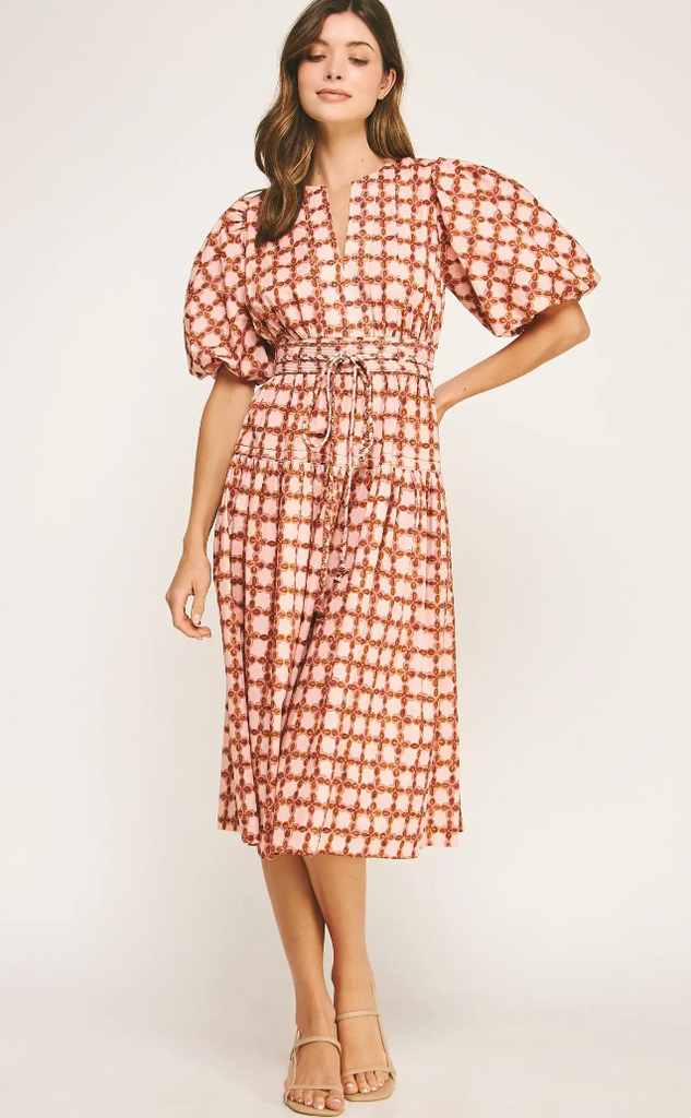 CHAINLINK PRINT PUFF SLEEVE MIDI DRESS - MULTI