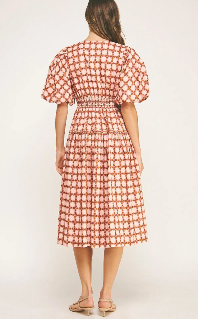 CHAINLINK PRINT PUFF SLEEVE MIDI DRESS - MULTI