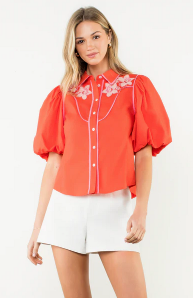 BUTTON FRONT SHIRT WITH EMBROIDERY - RED