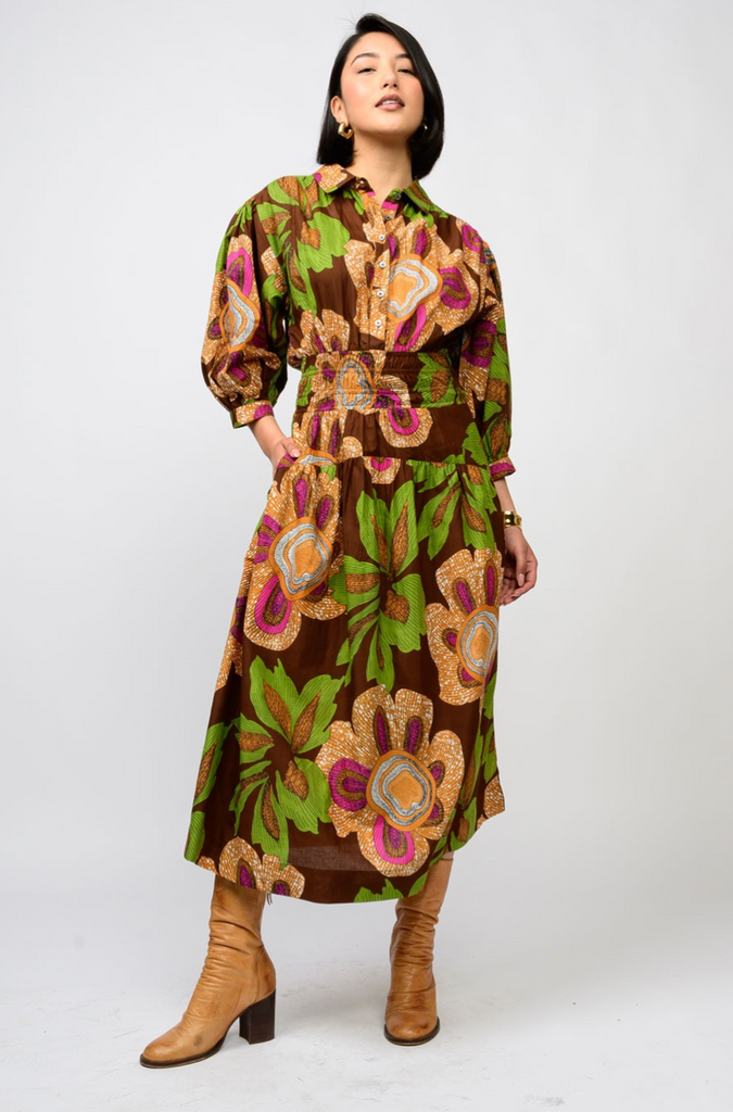 BIG BLOOMS DRESS - BROWN PRINT