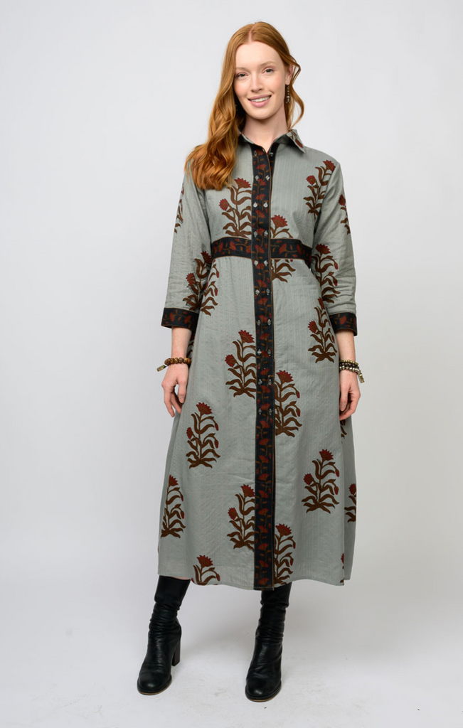 DOUBLE BUTTON BORDERED DRESS - GREY