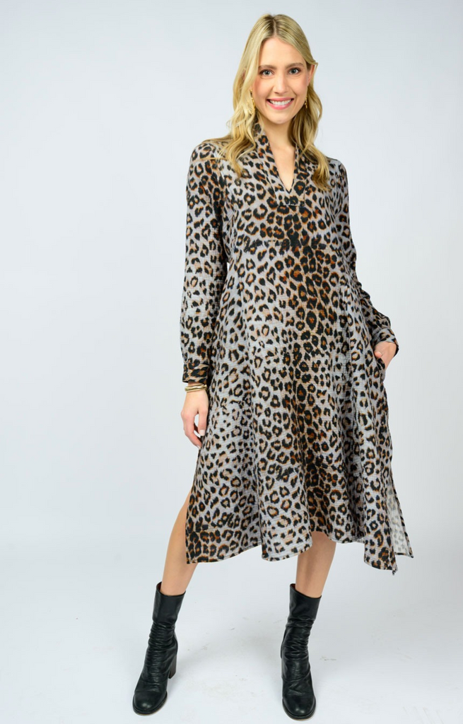 LEOPARD GAUZE MIDI DRESS - GREY