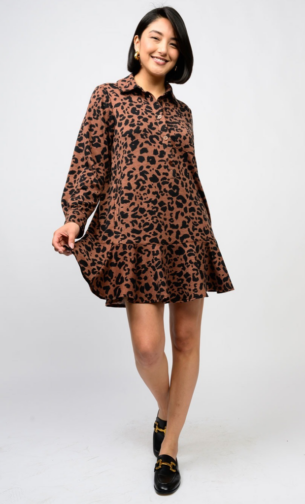 LEOPARD KNIT SHIRTDRESS - RUST