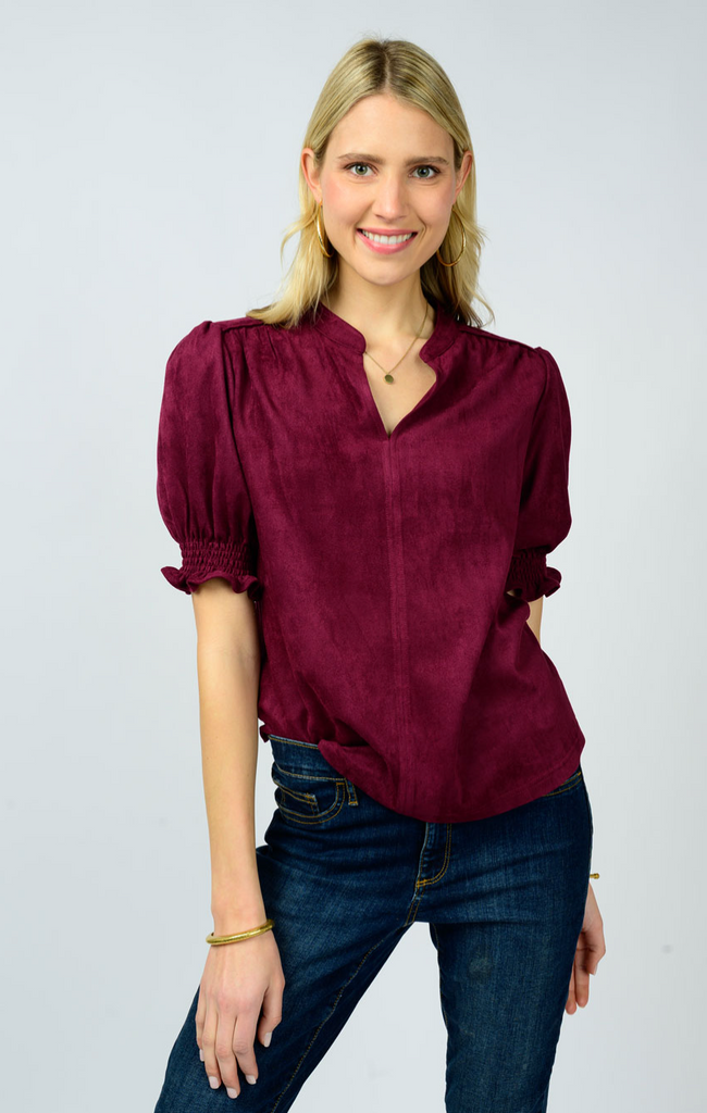 SHORT SLEEVE SUEDE TOP - WINE