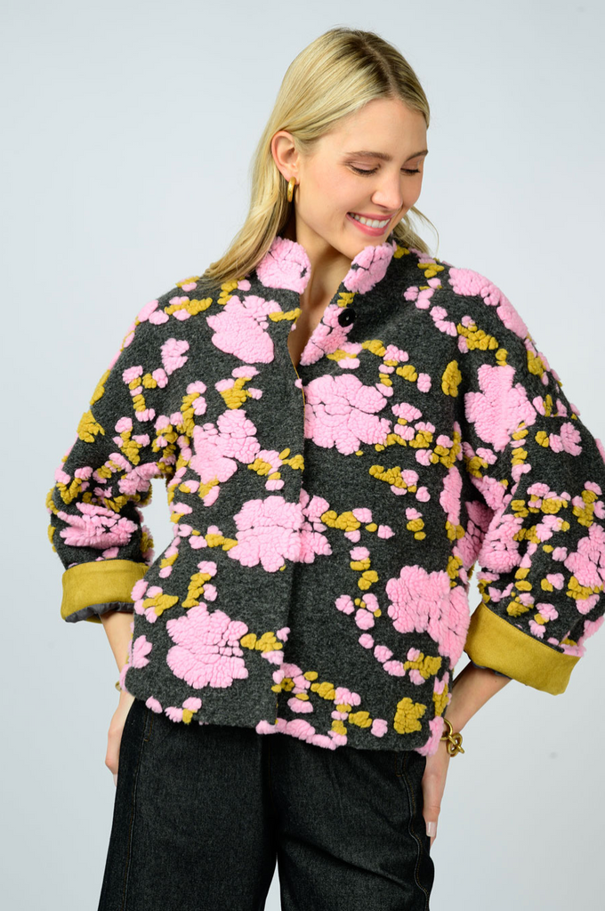 PUFF FLORAL JACKET - CHARCOAL WITH PINK
