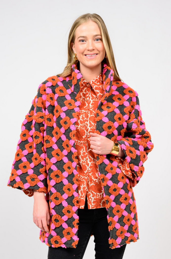 PUFF PATTERN JACKET - CHARCOAL. WITH PINK AND ORANGE