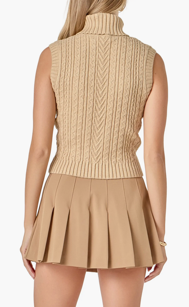 CABLE MOCK NECK KNIT TOP - BEIGE