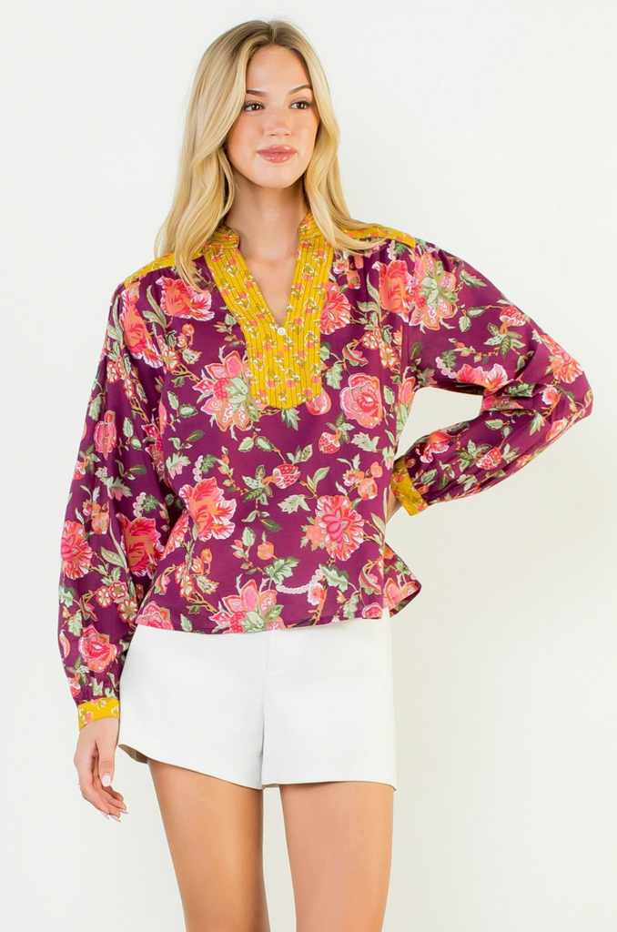 CONTRAST PLACKET PRINT TOP - PLUM