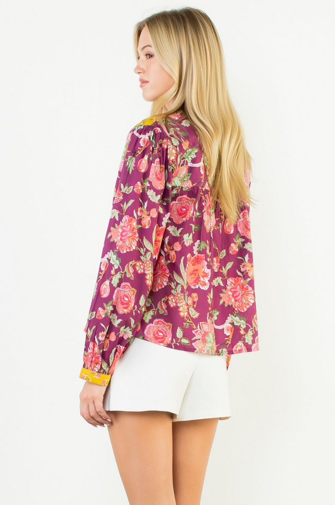 CONTRAST PLACKET PRINT TOP - PLUM