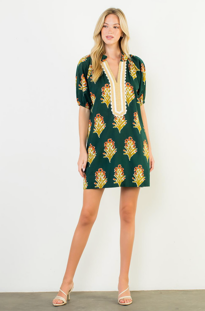 FLORAL PRINT VNECK STRIPED DETAIL DRESS - GREEN