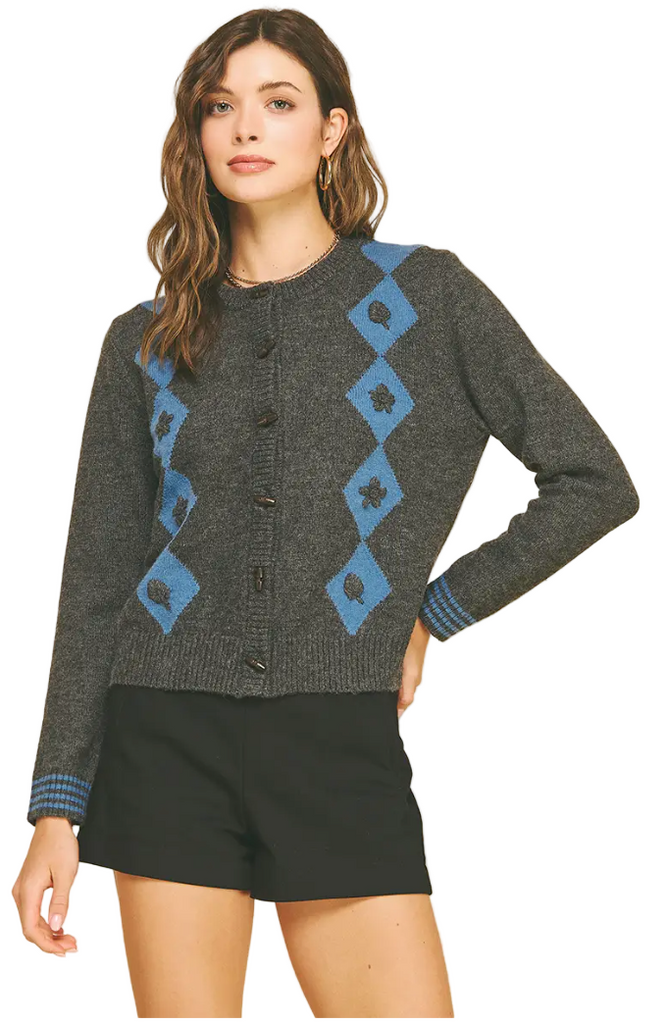 CARDIGAN SWEATER WITH EMBROIDERED DETAIL - CHARCOAL