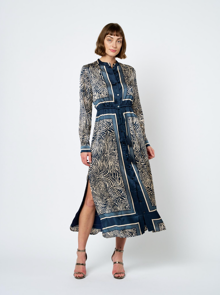 COCO LONG SLEEVE DRAWSTRING SHIRT DRESS - NAVY