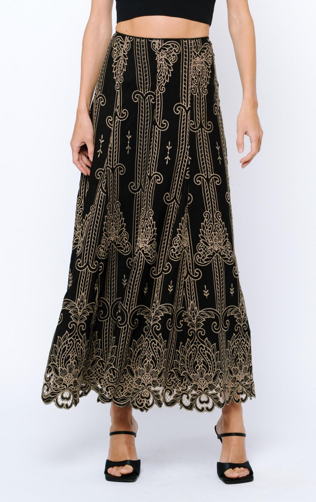 TWO-TONE LACE CUTOUT SKIRT - BLACK/TAUPE