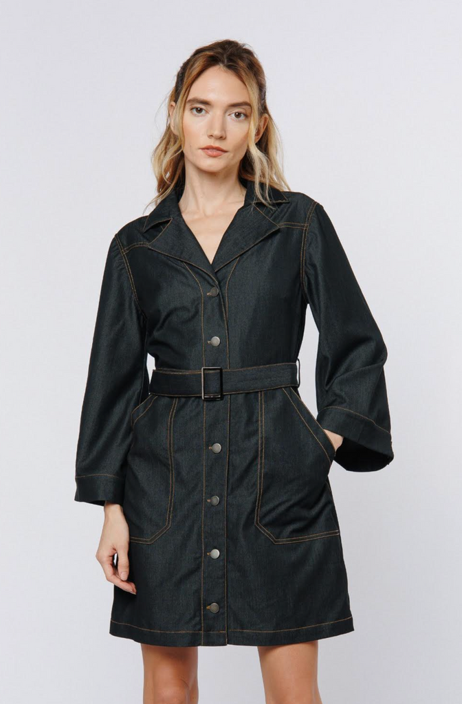 FRANNY DENIM BUTTON FRONT MINI DRESS - BLACK