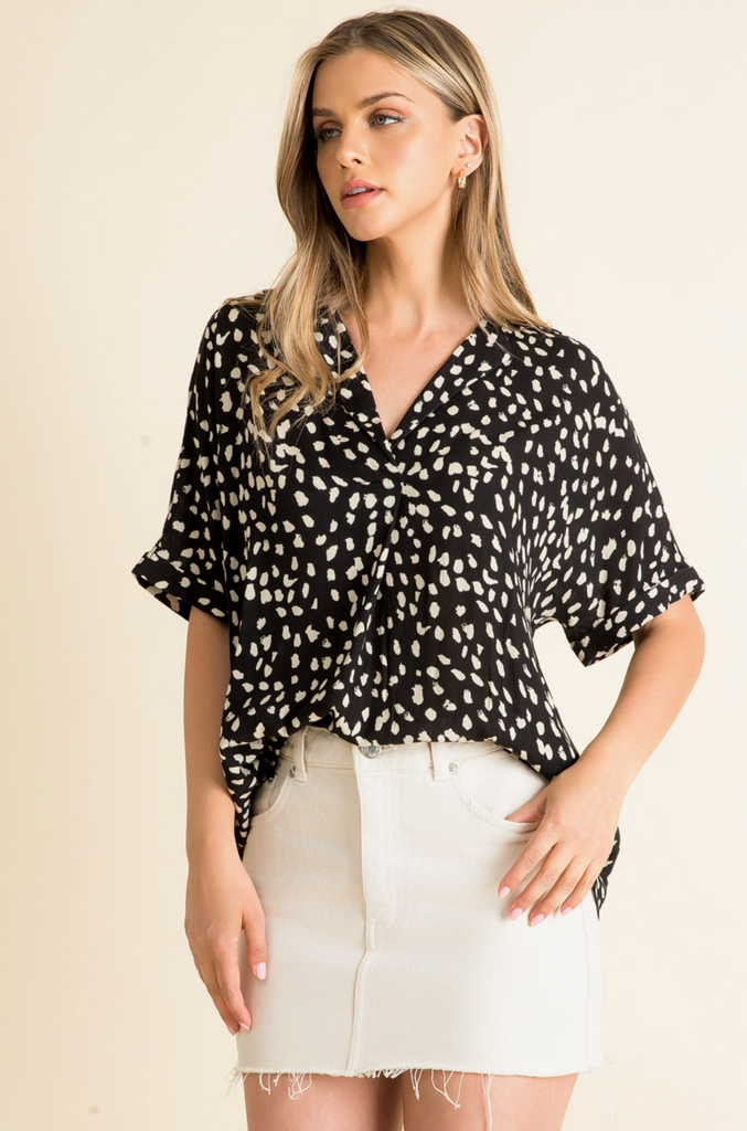 COLLARED PRINT BLOUSE - BLACK/WHITE
