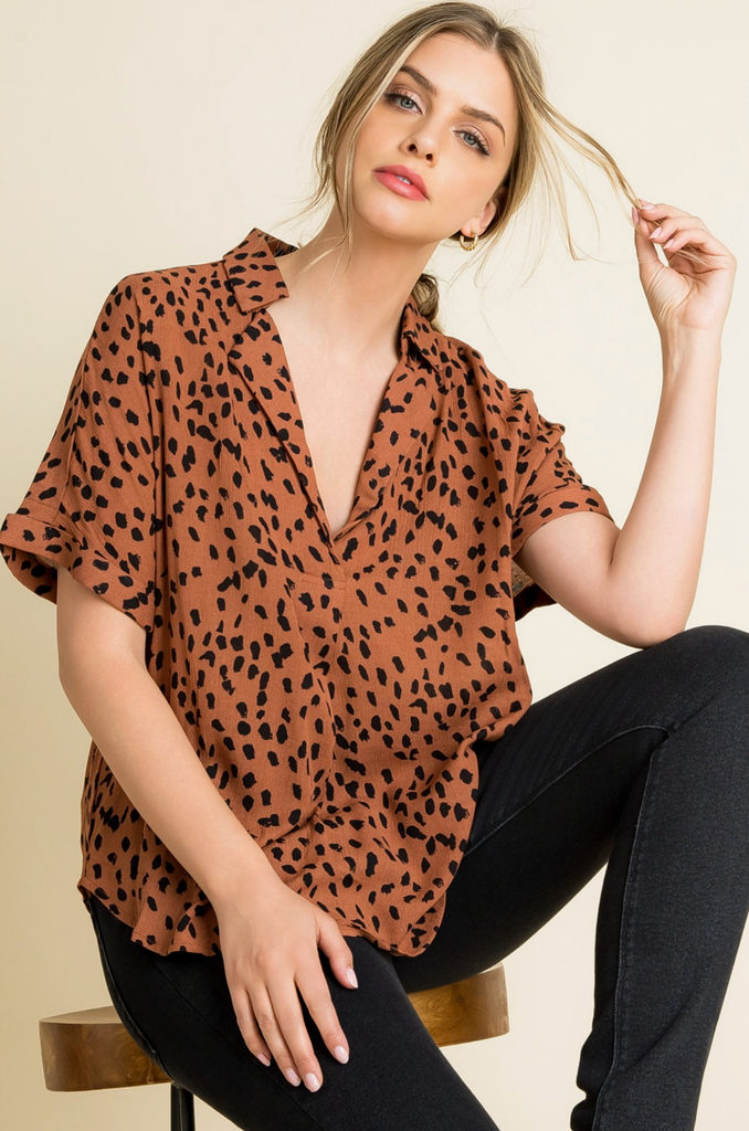 COLLARED PRINT BLOUSE - BROWN/BLACK